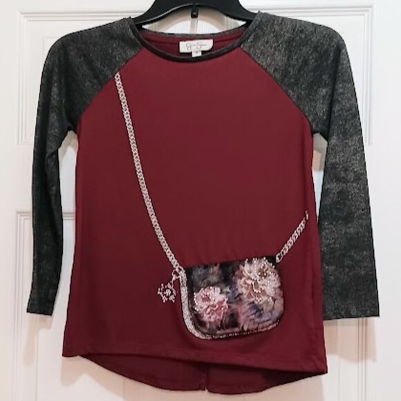 Jessica Simpson Other - Jessica Simpson Girls size M maroon, gray 3/4 sleeve top w/silver sparkles